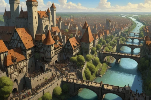 knight village,medieval town,city moat,fantasy city,castelul peles,medieval architecture,hamelin,new castle,merida,castle of the corvin,heroic fantasy,hanseatic city,castleguard,kings landing,aerial landscape,knight's castle,castel,medieval,middle ages,castle iron market,Illustration,Realistic Fantasy,Realistic Fantasy 44