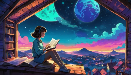 sci fiction illustration,astronomer,dream world,reading,girl studying,writing-book,read a book,fantasy picture,world digital painting,relaxing reading,window to the world,magic book,little girl reading,author,book cover,world wonder,mystery book cover,book store,fantasy world,stargazing,Illustration,Japanese style,Japanese Style 07