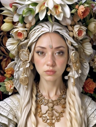 girl in a wreath,headdress,laurel wreath,the carnival of venice,fantasy portrait,rose wreath,jessamine,white lady,elven flower,headpiece,baroque angel,wreath of flowers,cepora judith,white rose snow queen,bridal accessory,medusa,priestess,aphrodite,dead bride,bridal jewelry