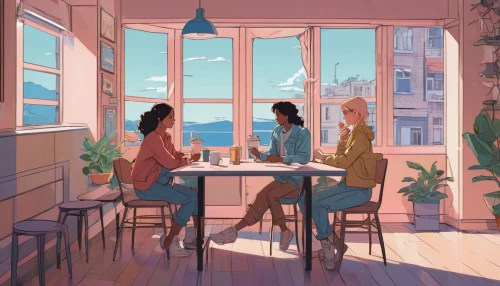 women at cafe,breakfast table,watercolor cafe,coffee shop,the coffee shop,shared apartment,summer evening,tearoom,coffee tea illustration,kitchen table,apartment,breakfast room,afternoon tea,windowsill,an apartment,watercolor tea shop,cafe,coffeehouse,evening atmosphere,cat's cafe,Illustration,Japanese style,Japanese Style 07