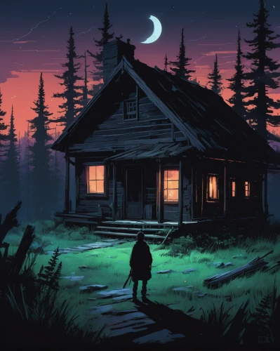 lonely house,house silhouette,witch's house,witch house,house in the forest,little house,home or lost,cottage,small cabin,cabin,old home,game illustration,small house,lostplace,the cabin in the mountains,log home,the haunted house,summer cottage,haunted house,night scene,Illustration,American Style,American Style 06