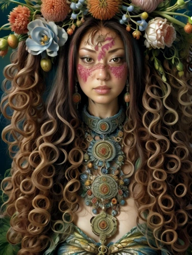 bjork,girl in a wreath,medusa,dryad,fantasy portrait,fairy peacock,pachamama,voodoo woman,polynesian girl,medusa gorgon,faerie,shamanic,faery,the enchantress,gorgon,shamanism,flora,fantasy woman,fantasy art,female doll
