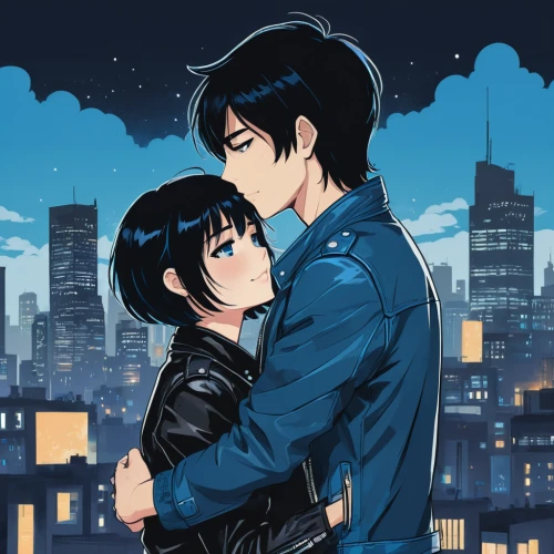 blue rain,boy and girl,kissing,jacket,cheek kissing,starry sky,honeymoon,holding,young couple,reizei,midnight blue,first kiss,clear night,protecting,night sky,kiss,romance novel,city lights,girl kiss,the night sky,Illustration,Japanese style,Japanese Style 06