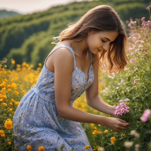 girl in flowers,beautiful girl with flowers,girl picking flowers,picking flowers,flower background,field of flowers,meadow flowers,floral background,girl in the garden,holding flowers,flowering meadow,wildflowers,floral dress,splendor of flowers,flower field,floral greeting,spring background,daisies,springtime background,colorful floral,Photography,General,Natural