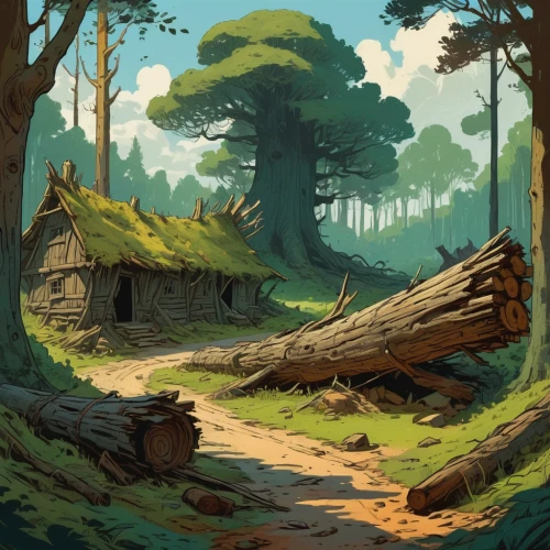 druid grove,wooden path,house in the forest,forest path,forests,log home,forest landscape,forest,game illustration,backgrounds,wooden hut,the forests,logging,the forest,devilwood,roots,forest background,old-growth forest,hiking path,forest ground,Conceptual Art,Fantasy,Fantasy 18