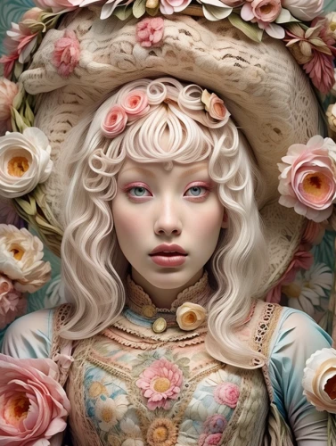 porcelain rose,porcelain dolls,vintage doll,artist doll,doll's facial features,female doll,girl in a wreath,fantasy portrait,painter doll,girl in flowers,baroque angel,designer dolls,dahlia,peach rose,fashion dolls,eglantine,dahlia pinata,flora,doll figure,clay doll