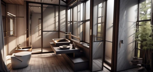 modern minimalist bathroom,luxury bathroom,wooden sauna,interior modern design,loft,wooden windows,japanese-style room,modern room,3d rendering,daylighting,small cabin,penthouse apartment,cubic house,the cabin in the mountains,cabin,room divider,modern office,archidaily,tree house hotel,inverted cottage