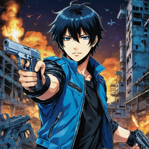 yukio,holding a gun,anime cartoon,anime 3d,revolver,handgun,gun,anime manga,screw gun,pointing gun,shooter game,anime,fire background,colt,main character,gangstar,guns,manga,edit icon,destroyer,Illustration,Japanese style,Japanese Style 04