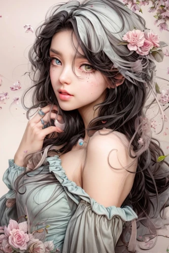 fantasy portrait,flora,girl in flowers,fairy tale character,porcelain rose,jasmine blossom,rose flower illustration,rosa 'the fairy,flower fairy,fae,beautiful girl with flowers,faery,flower girl,eglantine,flower painting,mystical portrait of a girl,floral background,portrait background,flower background,fantasy art,Common,Common,Natural