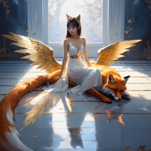 kitsune,fox,foxes,nine-tailed,fairy tale character,garden-fox tail,fantasy picture,fantasy portrait,a fox,fantasy art,fallen angel,cute fox,angel wing,angel,fairy queen,faerie,adorable fox,baroque angel,dog angel,fennec,Conceptual Art,Fantasy,Fantasy 19