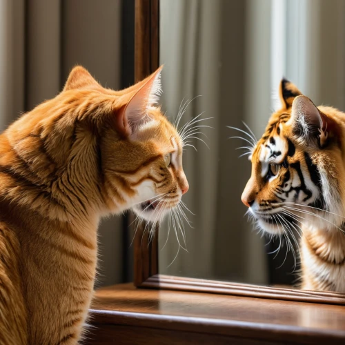 mirror image,toyger,mirror reflection,self-reflection,bengal,tigers,bengal cat,reflected,mirrored,big cats,two cats,reflection,face to face,felines,animal photography,curiosity,tiger cat,american shorthair,bengal tiger,personal grooming,Photography,General,Natural