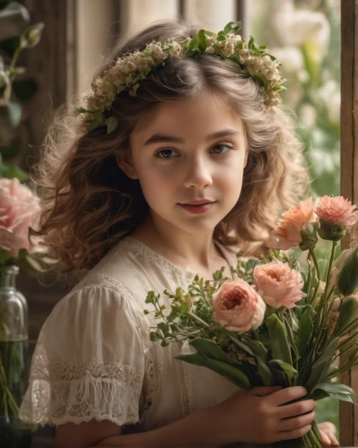 girl in flowers,beautiful girl with flowers,flower girl,vintage flowers,girl in a wreath,romantic portrait,mystical portrait of a girl,vintage floral,girl picking flowers,romantic look,flower arranging,young girl,enchanting,girl in the garden,blooming wreath,spring crown,eglantine,floral wreath,flower girl basket,vintage girl,Photography,General,Natural