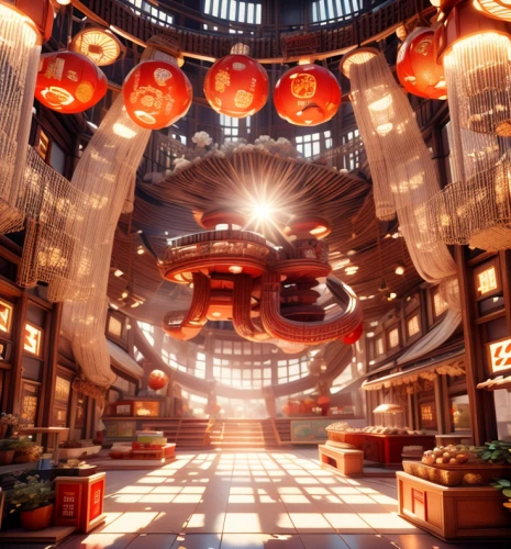 ufo interior,chinese architecture,asian architecture,dragon palace hotel,sky space concept,chinese temple,scifi,airships,shanghai disney,hotel lobby,mandarin house,red lantern,hall of supreme harmony,futuristic architecture,render,lobby,japanese architecture,spaceship space,spice market,fractal environment
