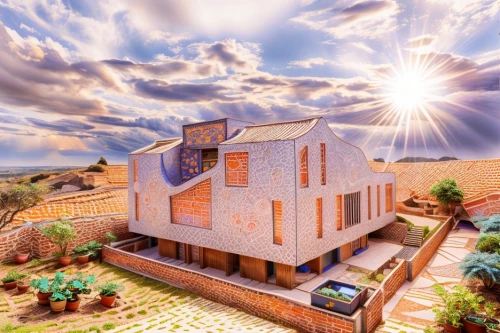 build by mirza golam pir,3d rendering,brick house,housetop,roof landscape,cube house,beautiful home,3d render,hacienda,house roofs,house of prayer,dunes house,model house,holiday villa,3d rendered,luxury home,modern house,clay house,render,large home