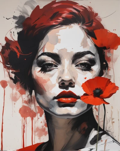 red poppy,red poppies,red paint,fashion illustration,poppy red,red rose,red roses,red petals,flower painting,painted lady,art painting,italian painter,red lipstick,geisha,coquelicot,geisha girl,painting technique,red lips,cool pop art,red anemones,Conceptual Art,Oil color,Oil Color 01