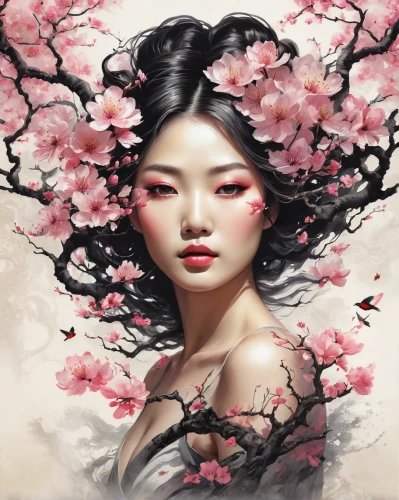 chinese art,geisha girl,japanese art,plum blossoms,plum blossom,geisha,japanese floral background,oriental painting,oriental princess,peach blossom,the cherry blossoms,cherry blossom,oriental girl,cherry blossoms,jasmine blossom,cherry blossom japanese,sakura blossom,japanese sakura background,blossoms,world digital painting