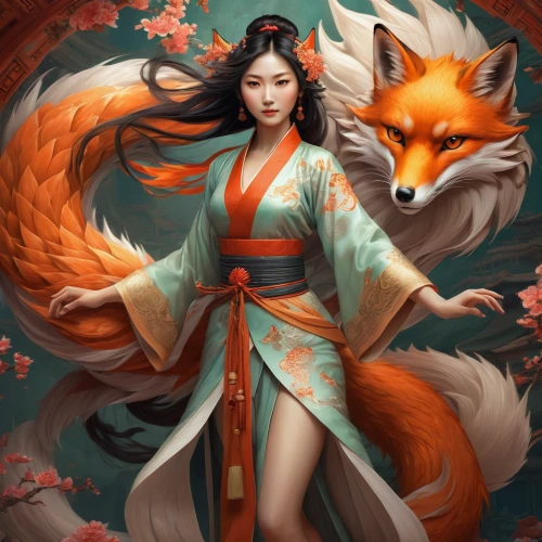 kitsune,nine-tailed,foxes,garden-fox tail,fox,redfox,oriental princess,mulan,a fox,cute fox,japanese art,oriental painting,red fox,chinese art,flame spirit,adorable fox,geisha,fox stacked animals,little fox,fantasy portrait,Conceptual Art,Fantasy,Fantasy 18