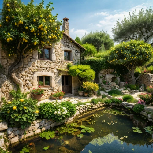 hobbiton,home landscape,garden pond,beautiful home,provence,cottage garden,fairy village,stone houses,stone house,stone garden,water mill,country cottage,wishing well,provencal life,ancient house,miniature house,secret garden of venus,climbing garden,fairy tale castle,idyllic,Photography,General,Natural