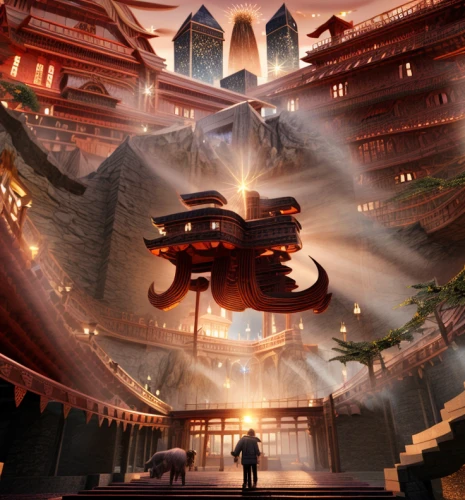 chinese temple,hanging temple,chinese architecture,asian architecture,forbidden palace,dragon palace hotel,hall of supreme harmony,kowloon,ancient city,xi'an,buddha tooth relic temple,concept art,hall of the fallen,airships,chinese background,sci fiction illustration,sensoji,dragon bridge,chinese dragon,red lantern