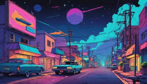 colorful city,neon arrows,80's design,retro background,neon ghosts,80s,neon,cityscape,night scene,alley,neon coffee,cyberpunk,retro styled,neighborhood,suburb,fantasy city,alleyway,neon candies,night highway,ultraviolet,Illustration,Japanese style,Japanese Style 06