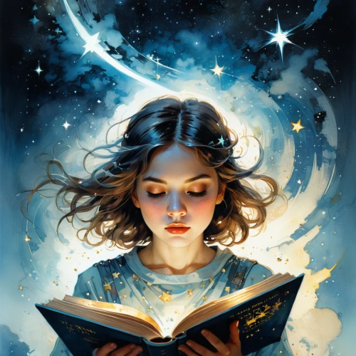 magic book,sci fiction illustration,mystical portrait of a girl,astronomer,fairytales,starry,falling star,fantasy portrait,divination,starry sky,falling stars,celestial,star illustration,fairy tales,bookworm,horoscope libra,starlight,reading,star sign,celestial body,Illustration,Paper based,Paper Based 20