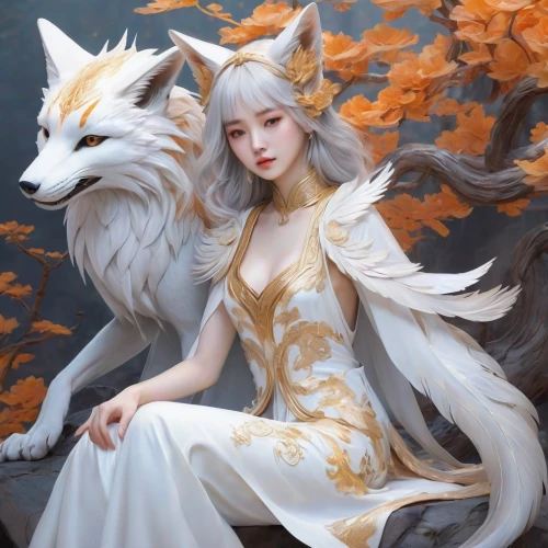 kitsune,fantasy portrait,white shepherd,fantasy art,nine-tailed,wolf couple,fantasy picture,fairy tale character,two wolves,white rose snow queen,wolf,gray wolf,foxes,fennec,wolves,faerie,fox,wolf's milk,moonflower,samoyed,Conceptual Art,Fantasy,Fantasy 18