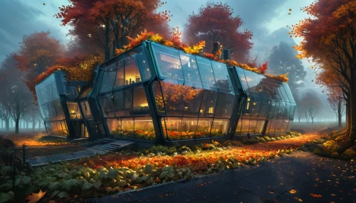 house in the forest,autumn camper,home landscape,cube house,autumn idyll,witch's house,autumn landscape,autumn theme,little house,autumn background,mirror house,cubic house,greenhouse cover,the autumn,greenhouse,autumn scenery,autumn morning,fall landscape,lonely house,one autumn afternoon,Illustration,Realistic Fantasy,Realistic Fantasy 25