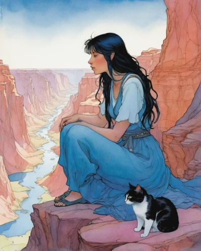 ritriver and the cat,anasazi,pocahontas,cherokee,jasmine,kelpie,guards of the canyon,kayenta,woman at the well,rem in arabian nights,pueblo,fairyland canyon,vintage illustration,woman sitting,cheyenne,girl sitting,aladdin,calico cat,girl on the river,jasmine crape,Illustration,Realistic Fantasy,Realistic Fantasy 04