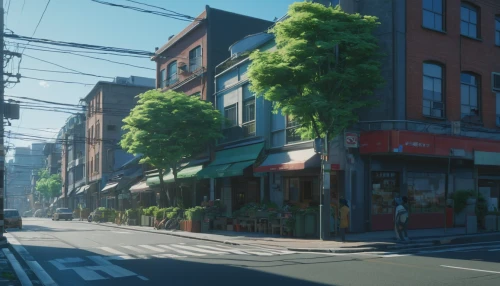 late afternoon,violet evergarden,studio ghibli,street scene,flower shop,neighborhood,convenience store,city corner,suburb,greystreet,street cafe,neighbourhood,watercolor shops,grocery,the street,morning light,corner flowers,morning grove,street,shopping street