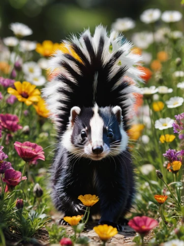 striped skunk,mustelid,skunk,flower animal,animals play dress-up,on a wild flower,common opossum,cute animal,badger,mustelidae,polecat,hummel,north american raccoon,sunflower seed,whimsical animals,ferret,cute animals,little panda,porcupine,new world porcupine,Conceptual Art,Daily,Daily 01