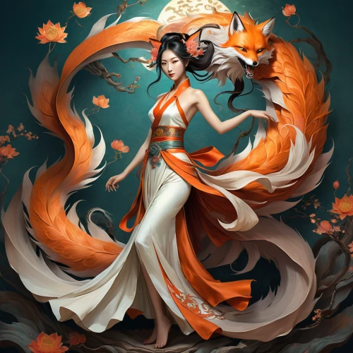 kitsune,flame spirit,nine-tailed,flame flower,nami,tiger lily,fire flower,flame lily,fire dancer,fire poker flower,fire angel,fire artist,fire siren,dancing flames,fire lily,firedancer,orange blossom,fire dance,fantasy art,firebird,Conceptual Art,Fantasy,Fantasy 18