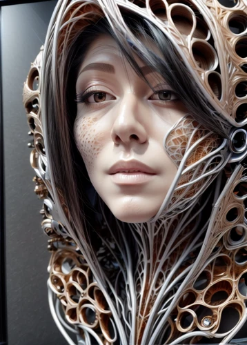 biomechanical,image manipulation,artificial hair integrations,fractalius,gradient mesh,scrap sculpture,bjork,tangle,fractal design,photo manipulation,cinema 4d,facets,photomanipulation,cybernetics,computer art,veil,wire sculpture,render,fractals art,woman face