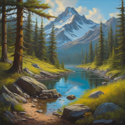 salt meadow landscape,landscape background,mountain scene,mountain landscape,forest landscape,forest background,mountain meadow,mountainous landscape,coniferous forest,nature landscape,spruce forest,spruce-fir forest,temperate coniferous forest,river landscape,painting technique,high landscape,natural landscape,oil on canvas,moraine,meadow landscape,Illustration,Realistic Fantasy,Realistic Fantasy 03