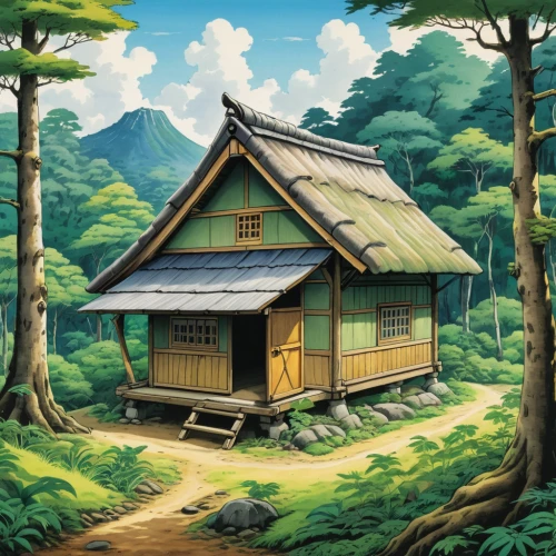 wooden hut,wooden house,small cabin,small house,wooden houses,little house,traditional house,tsukemono,wooden roof,ryokan,japanese shrine,house in the forest,log cabin,japanese-style room,huts,farm hut,shirakawa-go,home landscape,japanese background,mountain hut,Illustration,Japanese style,Japanese Style 05