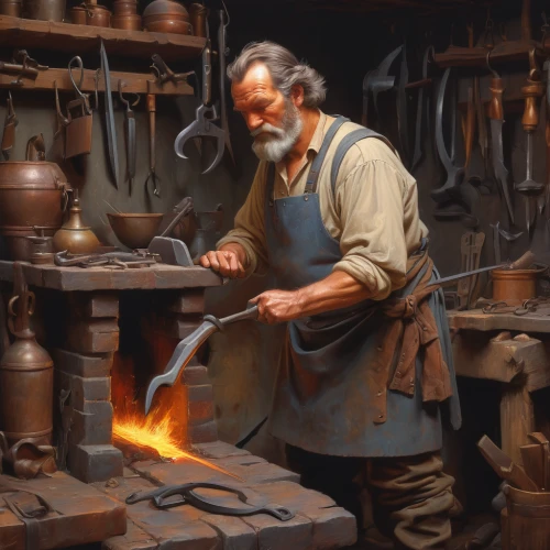 blacksmith,tinsmith,metalsmith,craftsman,shoemaking,shoemaker,potter's wheel,luthier,steelworker,candlemaker,forge,craftsmen,smelting,a carpenter,artisan,clockmaker,woodworker,watchmaker,metallurgy,foundry,Conceptual Art,Fantasy,Fantasy 01