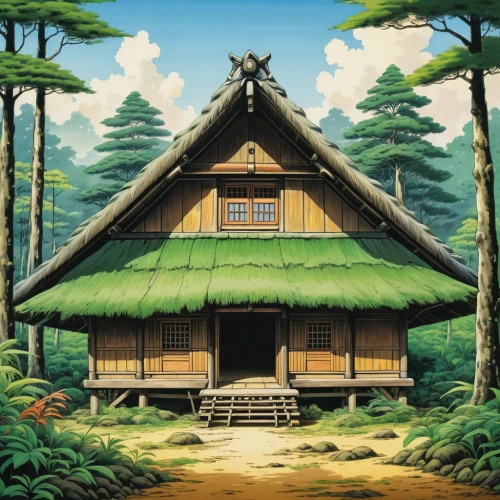 house in the forest,log cabin,wooden house,ryokan,traditional house,wooden hut,tsukemono,log home,timber house,japanese shrine,wooden roof,studio ghibli,lodge,cool woodblock images,koyasan,japanese-style room,wooden houses,cottage,japanese architecture,little house,Illustration,Japanese style,Japanese Style 05