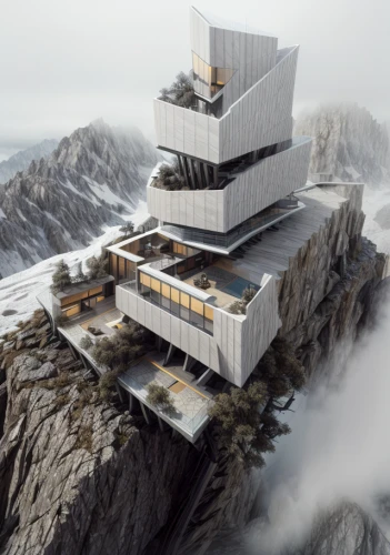 cubic house,dunes house,cube stilt houses,house in mountains,futuristic architecture,house in the mountains,modern architecture,floating island,3d rendering,sky apartment,cube house,nuuk,futuristic art museum,tigers nest,eco-construction,avalanche protection,swiss house,residential tower,building valley,skyscapers