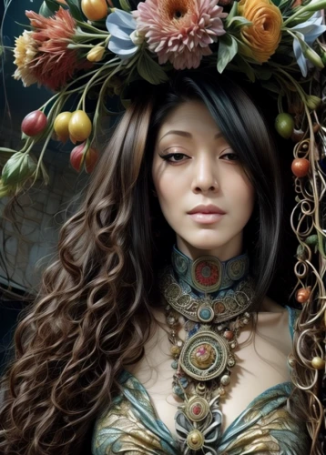 girl in a wreath,fantasy portrait,wreath of flowers,floral wreath,faery,faerie,rose wreath,the enchantress,adornments,elven flower,fantasy art,girl in flowers,blooming wreath,dryad,mystical portrait of a girl,flower wreath,boho art,golden wreath,flora,fractals art