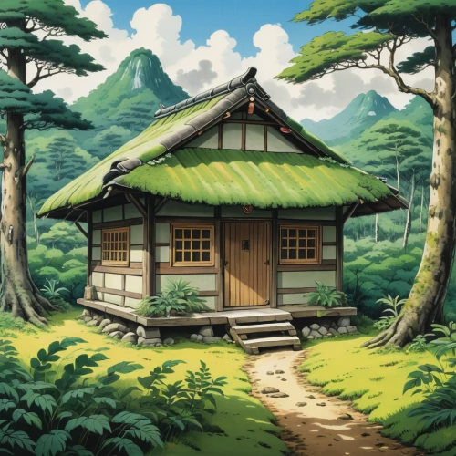 wooden hut,small cabin,small house,little house,house in the forest,studio ghibli,wooden house,log cabin,house in mountains,lonely house,home landscape,wooden roof,watercolor tea shop,japanese shrine,cottage,ancient house,farm hut,log home,traditional house,house in the mountains,Illustration,Japanese style,Japanese Style 05