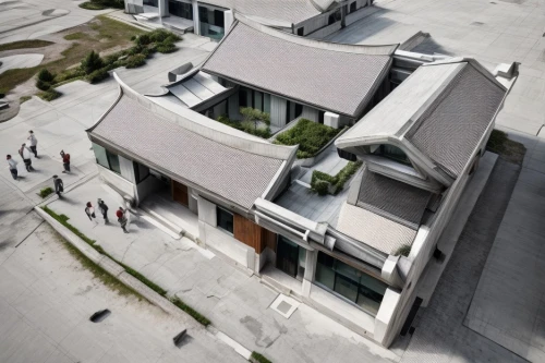 dunes house,roof landscape,chinese architecture,folding roof,house roofs,cubic house,flat roof,residential house,modern house,house roof,view from above,modern architecture,from above,exposed concrete,cube house,house shape,asian architecture,residential,concrete construction,aerial landscape,Architecture,Villa Residence,Modern,Swiss Minimalism