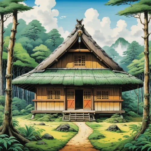 tsukemono,golden pavilion,wooden house,house in the forest,asian architecture,the golden pavilion,japanese shrine,traditional house,ryokan,japanese architecture,studio ghibli,ginkaku-ji,wooden roof,ancient house,rokuon-ji,wooden hut,japanese-style room,japanese background,home landscape,wooden houses,Illustration,Japanese style,Japanese Style 05