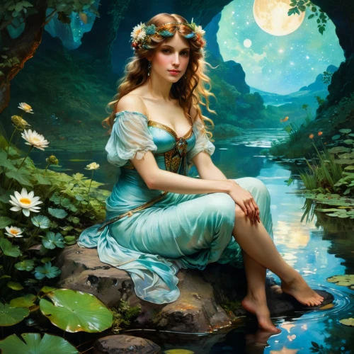 water nymph,rusalka,emile vernon,fantasy portrait,faerie,faery,fantasy picture,fairy queen,girl on the river,fantasy art,girl in the garden,mystical portrait of a girl,fae,cinderella,girl in a wreath,fairy tale character,the blonde in the river,fantasia,flora,girl in flowers,Conceptual Art,Fantasy,Fantasy 05