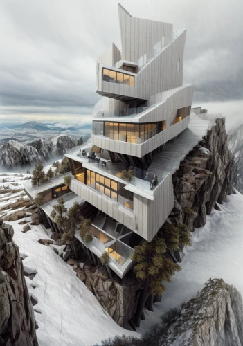 dunes house,house in mountains,cubic house,futuristic architecture,house in the mountains,säntis,modern architecture,snow house,ski resort,avalanche protection,swiss house,3d rendering,tigers nest,snow roof,alpine style,laax,ski facility,cube stilt houses,nuuk,skyscapers