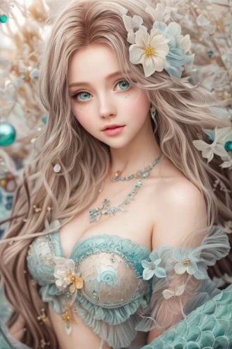 female doll,mermaid background,faerie,faery,fairy tale character,fairy queen,artist doll,water nymph,green mermaid scale,the sea maid,fairy,painter doll,fantasy portrait,flower fairy,fantasy girl,realdoll,mermaid,3d fantasy,fashion doll,fantasy art,Common,Common,Natural