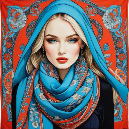 headscarf,shawl,hijab,islamic girl,boho art,scarf,muslim woman,hijaber,muslima,orientalism,turquoise wool,oriental girl,argan,gypsy soul,russian folk style,arabian,persian,jasmine blue,selanee henderon,mystical portrait of a girl,Illustration,Abstract Fantasy,Abstract Fantasy 04