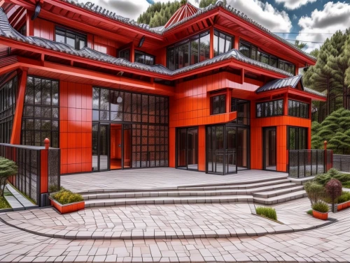 japanese architecture,modern house,asian architecture,chinese architecture,3d rendering,cubic house,cube house,smart house,modern architecture,luxury home,contemporary,luxury property,mid century house,luxury real estate,mansion,red roof,modern style,frame house,large home,chinese style