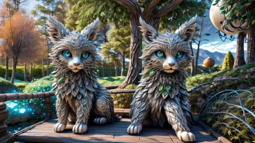 garden statues,lawn ornament,lynx,forest king lion,scandia gnomes,garden ornament,two wolves,forest dragon,garden decoration,skye terrier,garden sculpture,kelpie,garden decor,woodland animals,sculpture park,allies sculpture,whimsical animals,furta,3d fantasy,scrap sculpture