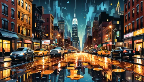 world digital painting,citylights,city lights,sci fiction illustration,city scape,new york streets,night scene,new york,fantasy city,manhattan,mobile video game vector background,futuristic landscape,digital compositing,city at night,city cities,street lights,cities,newyork,black city,city highway,Unique,Design,Sticker