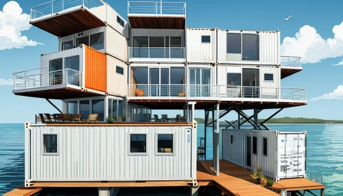 houseboat,floating huts,cube stilt houses,shipping containers,lifeguard tower,shipping container,stilt houses,stilt house,inverted cottage,house by the water,ferry house,cubic house,boat house,cargo containers,holiday home,coastal motor ship,beachhouse,wheelhouse,multihull,mobile home,Unique,Design,Sticker