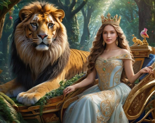 fantasy picture,fantasy portrait,she feeds the lion,lionesses,forest king lion,lions couple,cg artwork,fantasy art,two lion,female lion,fairy tale icons,world digital painting,fairy tale character,rapunzel,fairytale characters,zodiac sign leo,cinderella,prince and princess,biblical narrative characters,3d fantasy,Photography,General,Natural